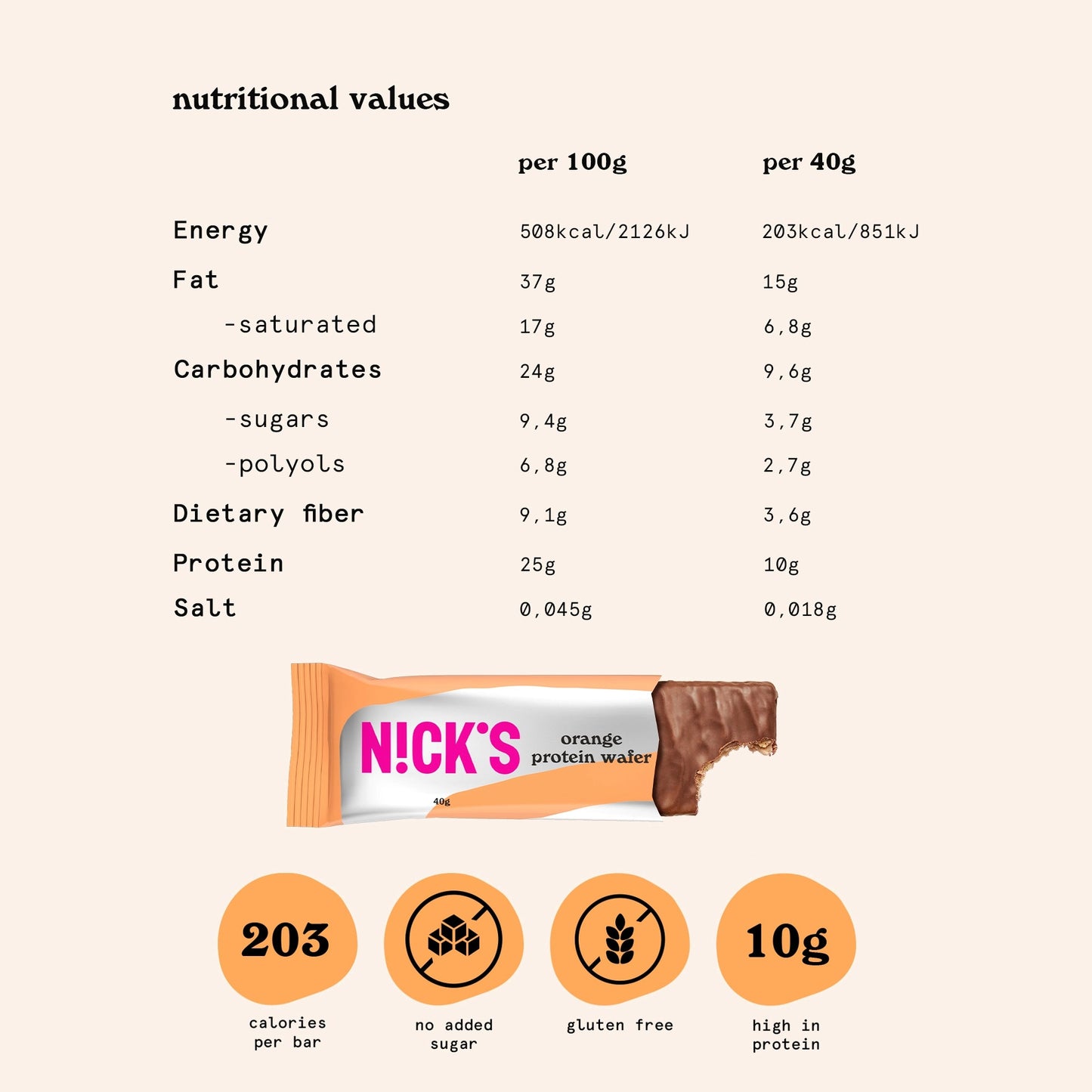 NICK'S-Proteiinivahvel "orange" 12 x 40g - njom.ee
