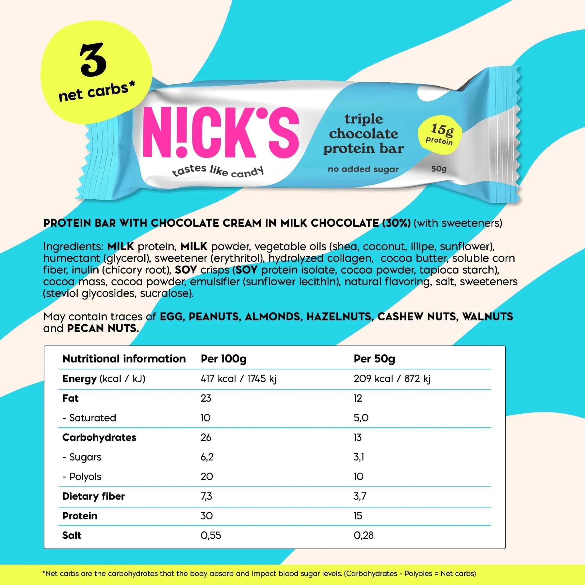 NICK'S - Proteiinibatoon "triple chocolate" 12 x 50g - njom.ee