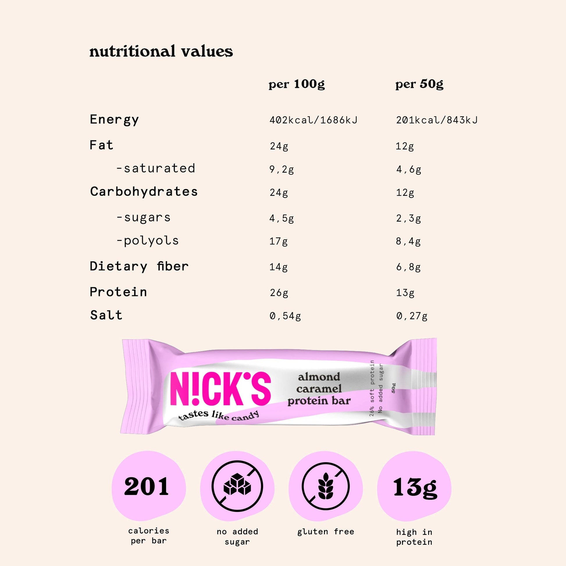 NICK'S-Proteiinibatoon "almond caramel" 50g - njom.ee