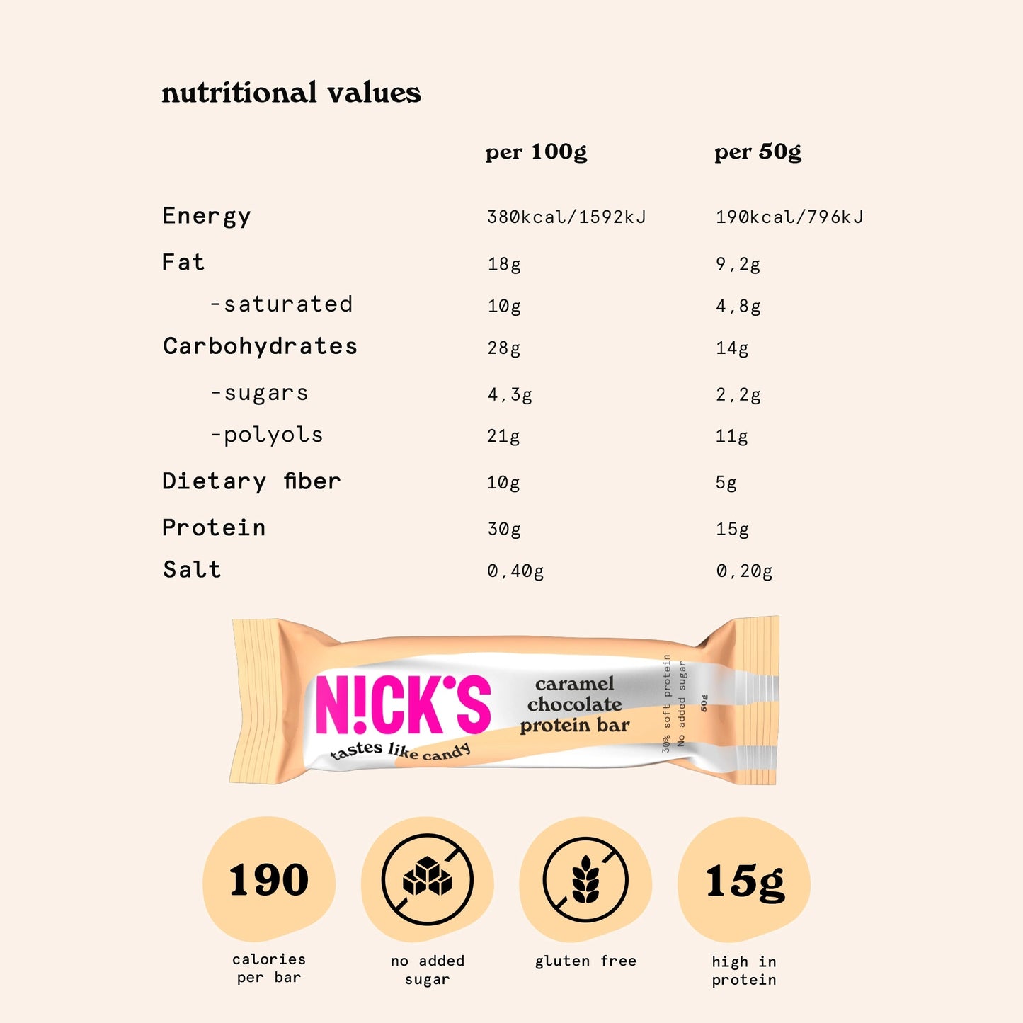 NICK'S-Proteiinibatoon "caramel chocolate" 50g - njom.ee