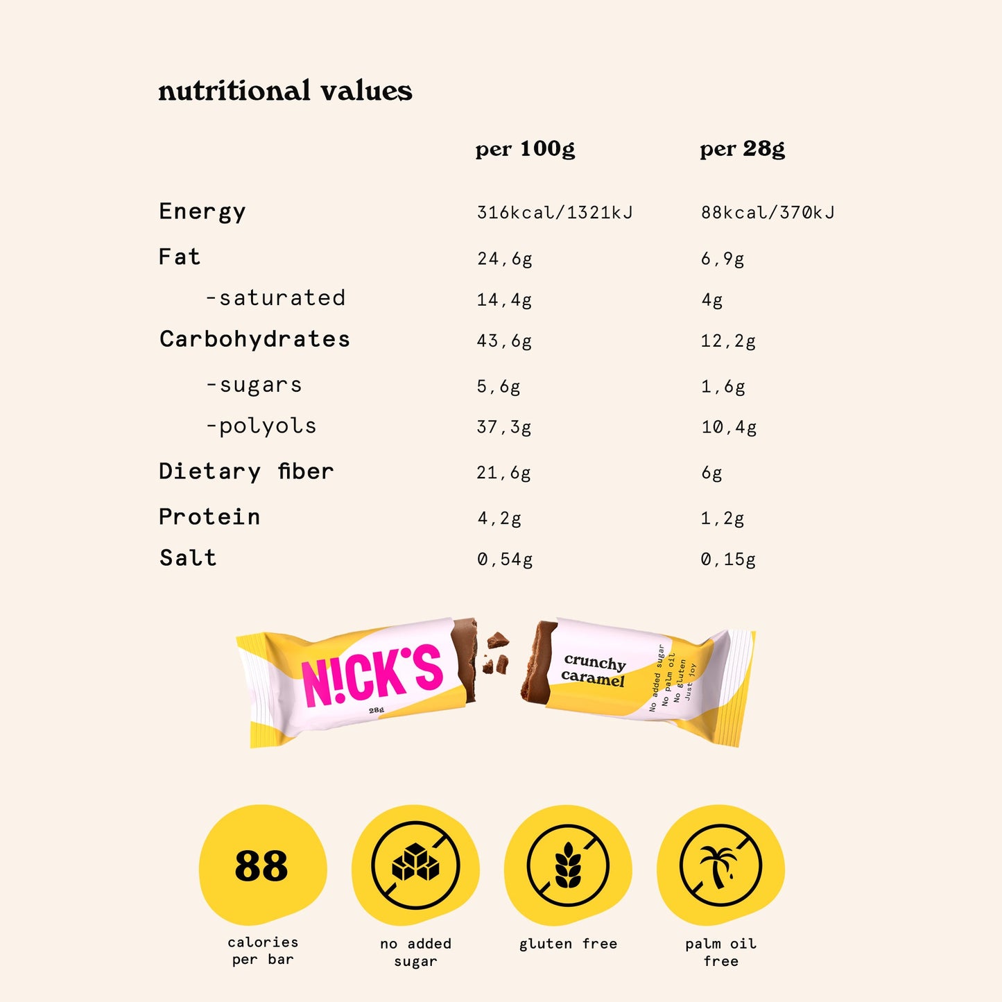 NICK'S-Šokolaad "crunchy caramel" 21 x 28g - njom.ee