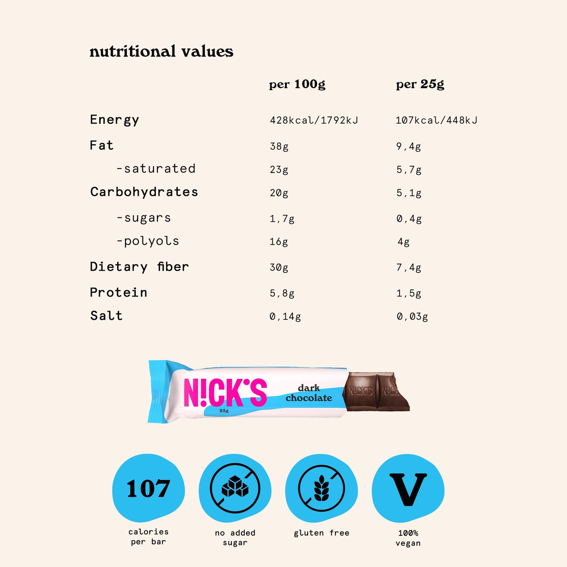 NICK'S-Tume šokolaad 15 x 25g - njom.ee